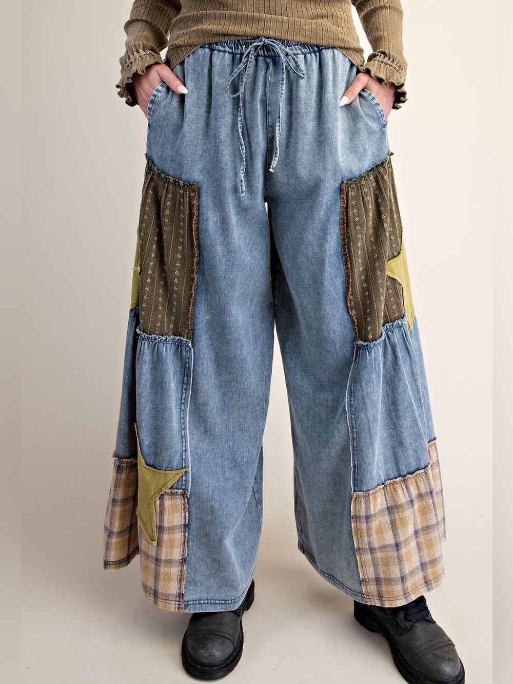 EASEL NWT Pants Denim Plaid Star Detail Waist Drawstring Size Small - Larg